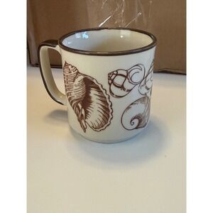 Vintage Seashell Stoneware Coffee Mug Brown Nautical Beach Coastal Ceramic Cup
